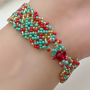Thin red, blue & gold bracelet